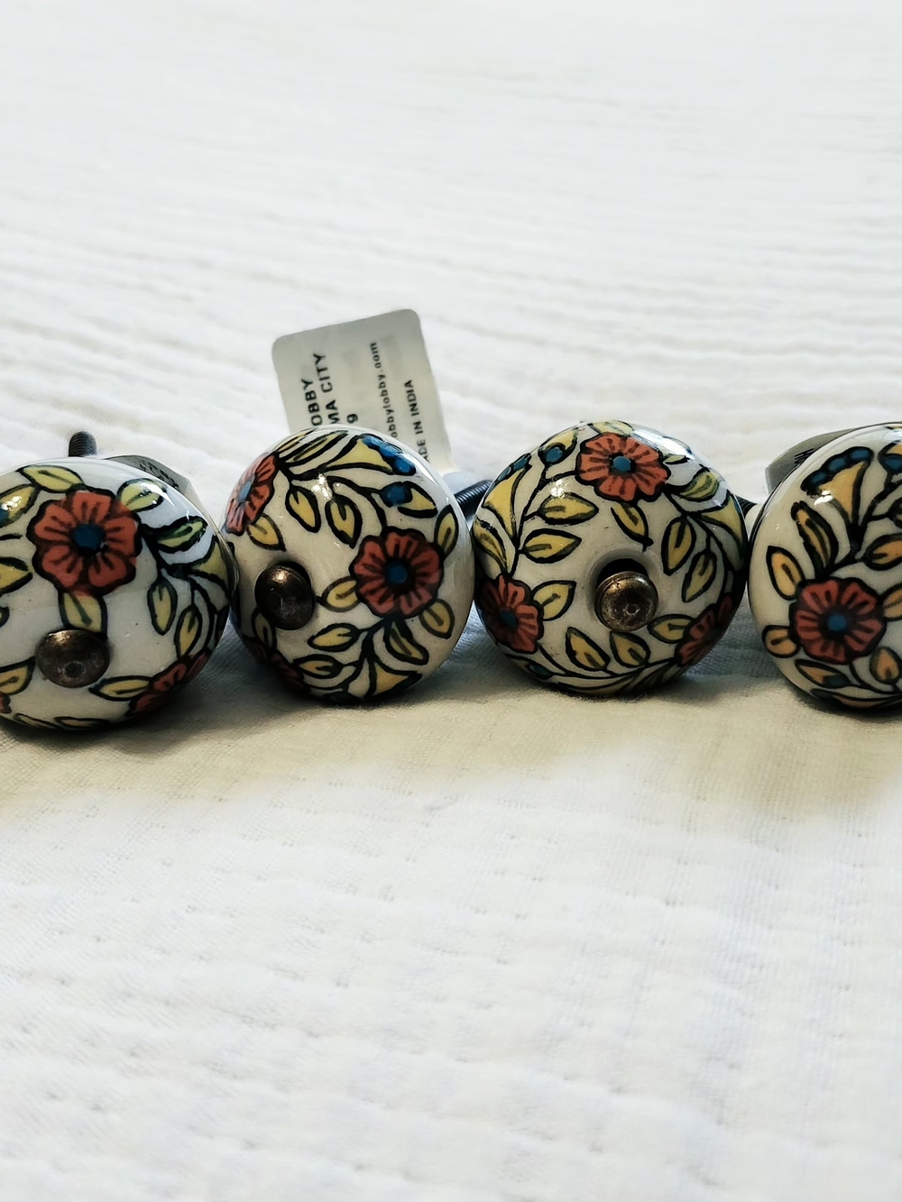 Decorative Ceramic Floral Drawer Knobs - White with Coral Flowers Set Of 4